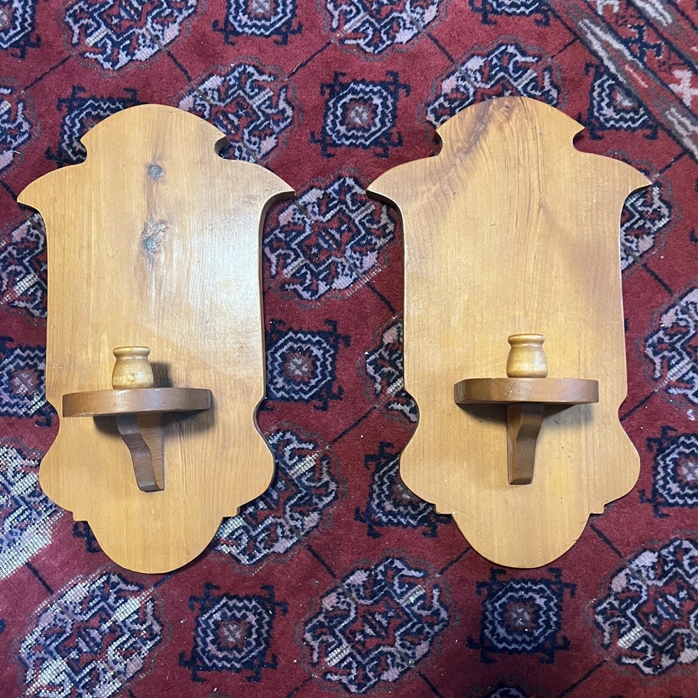 Pair Vintage Rustic Colonial Pine Wood Wall Castlecore Candle Sconces 18"